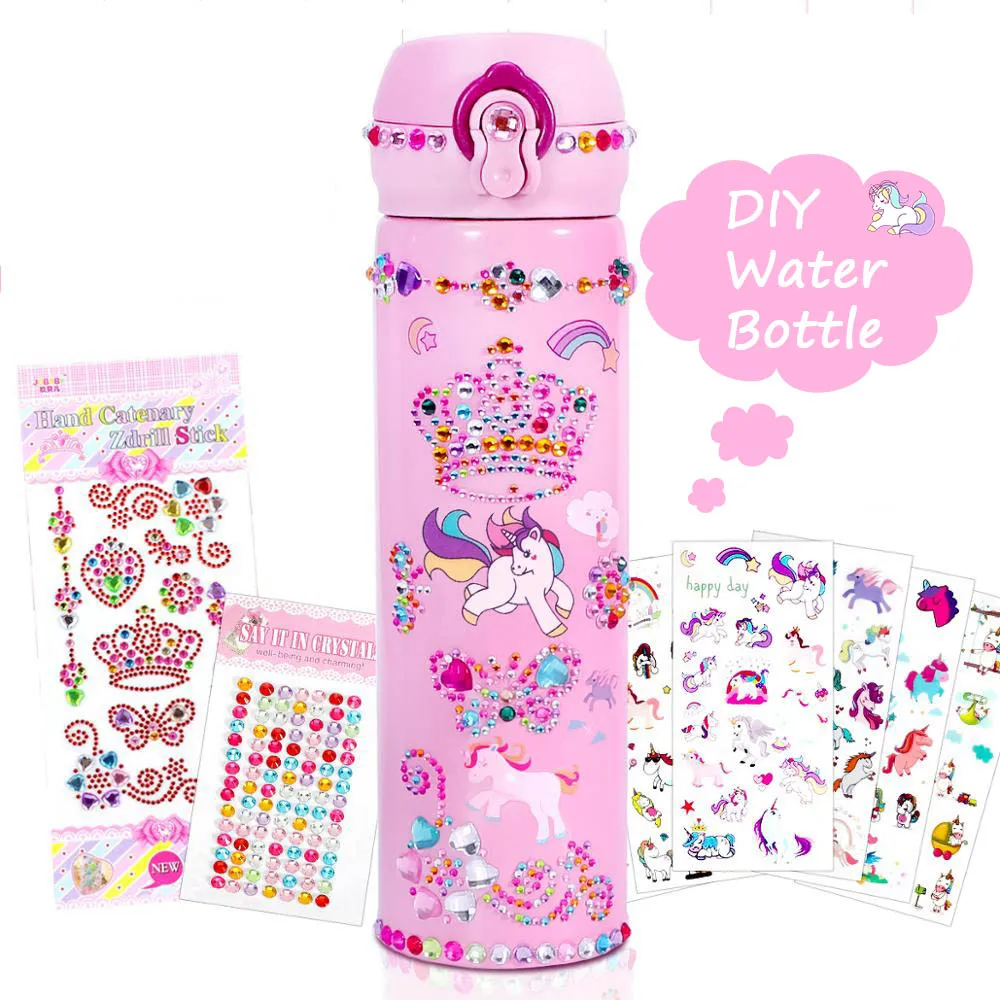 Creative DIY Kids Water Bottle with Glitter Gem Unicorn Sticker Decoration Girl Daughter Thermos Student School Kettle Gifts