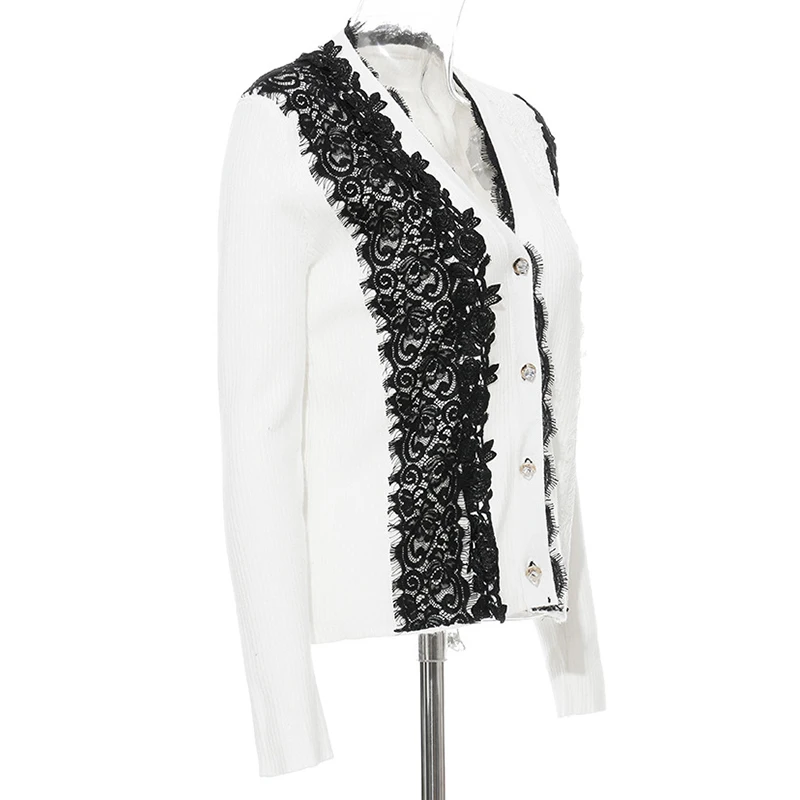 Women Sweater Colorblock Lace Applique Spring Autumn Knitted Cardigans |