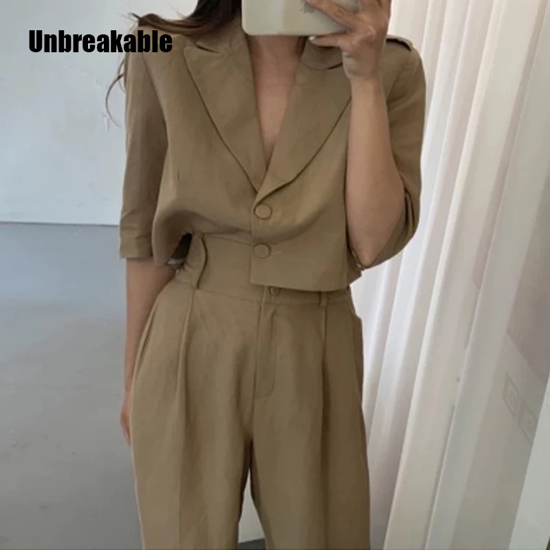 

Женский офисный костюм из 2 предметов, брюки до щиколотки с широкими штанинами и высокой талией, повседневный офисный костюм с карманами на ...