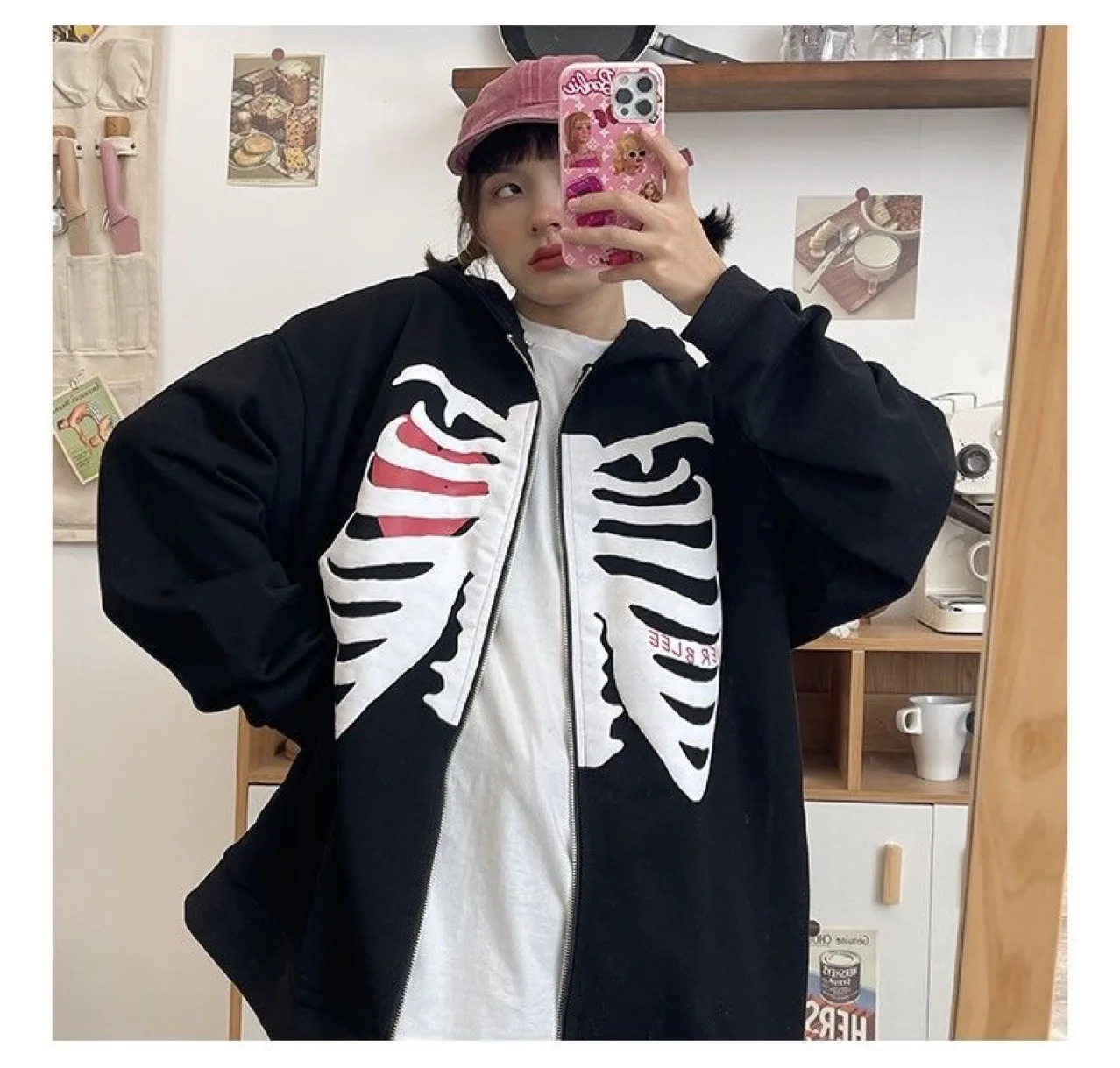 

Skull Print Hoodies Women Y2K Harajuku Zip-Up Oversized Hoodie Sweatshirts Autumn Long Sleeve Hooded Coat Goth Grunge Clothes