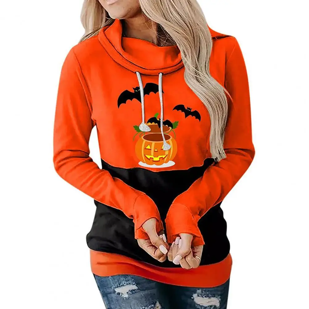

Women Sportyt Sweatshirt Cartoon Pattern High Collar Autumn Winter Top Contrast Color Halloween Element Printing Sweatshirt