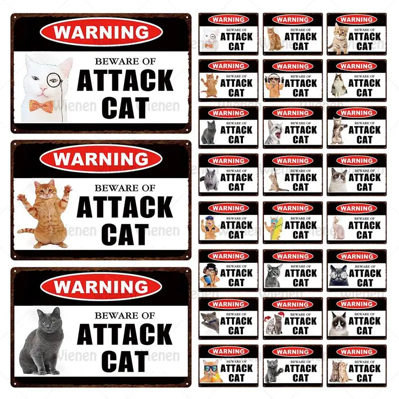 

Attack The Cat Metal Tin Sign Warning Metal Sign Shabby Plaque Metal Tin Vintage Wall Bar Art Home Pet Shop Retro Decor 20X30nm