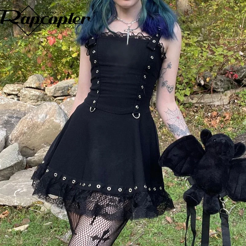 

Мини-платье Rapcopter y2k с кружевной отделкой, черный металлический корсет, элегантный вечерний трапециевидный сарафан в стиле панк, женский кор...