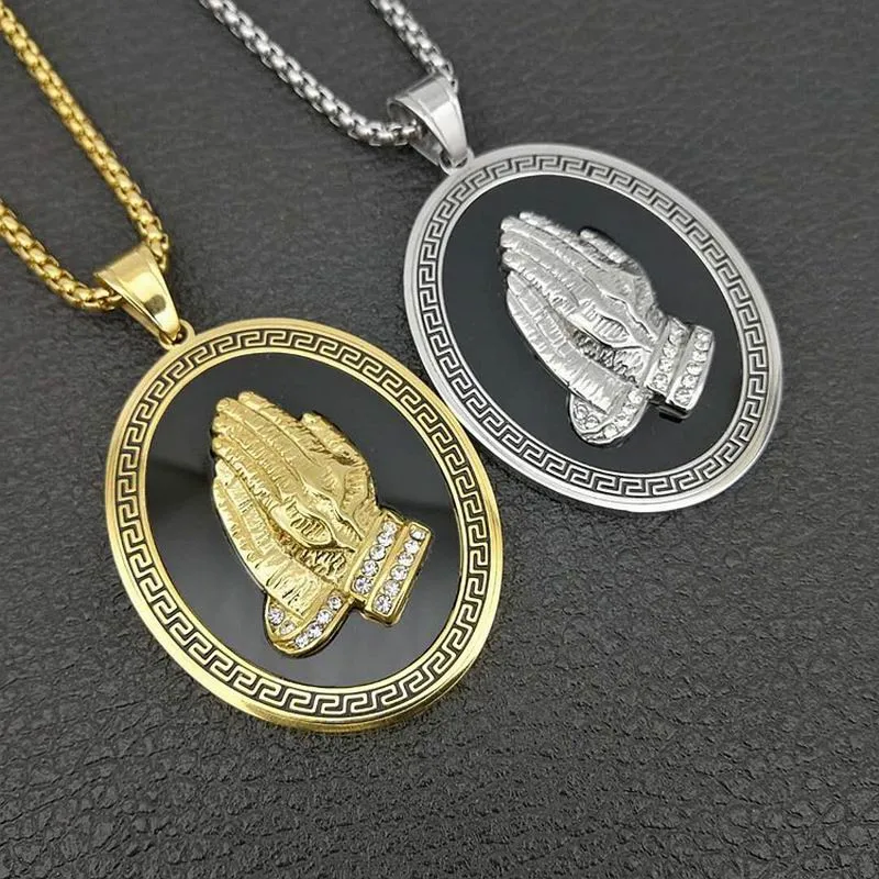 

Praying Hands Pendants Necklaces Brother Gift Crystal Hip Hop Men Long Link Chain Coin Necklaces Jewelry Party
