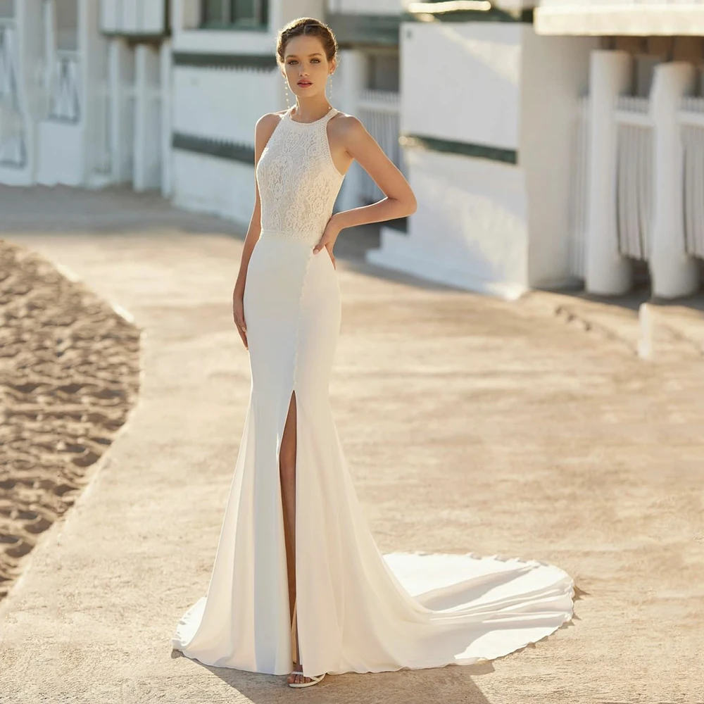 

UZN Simple Mermaid Lace And Satin Wedding Dresses Sexy Backless High Slit Bride Gowns Halter Neck Wedding Gown Robes de mariée