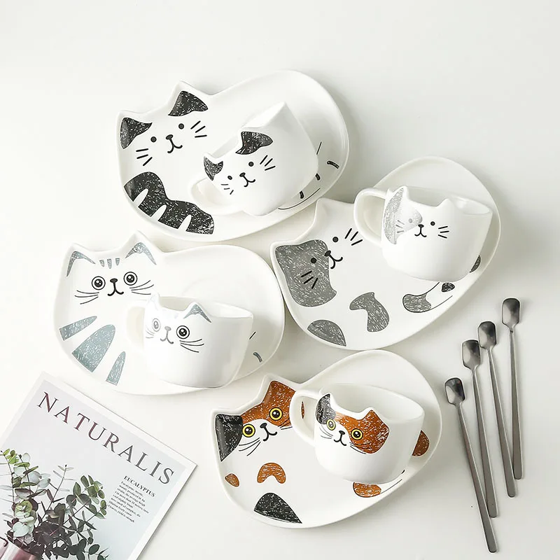 

Creative Cat Ceramic Mug Set Home Office Business Coffee Drinking Cup Breakfast Cup Cute Cat Cup Saucer Spoon 3-Piece Set