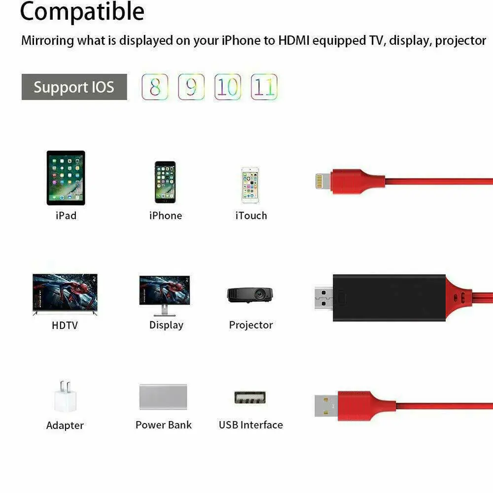 HDMI 2 0 1080P кабель для зеркального отображения iPhone к телевизору HDTV адаптер шнура SE 11