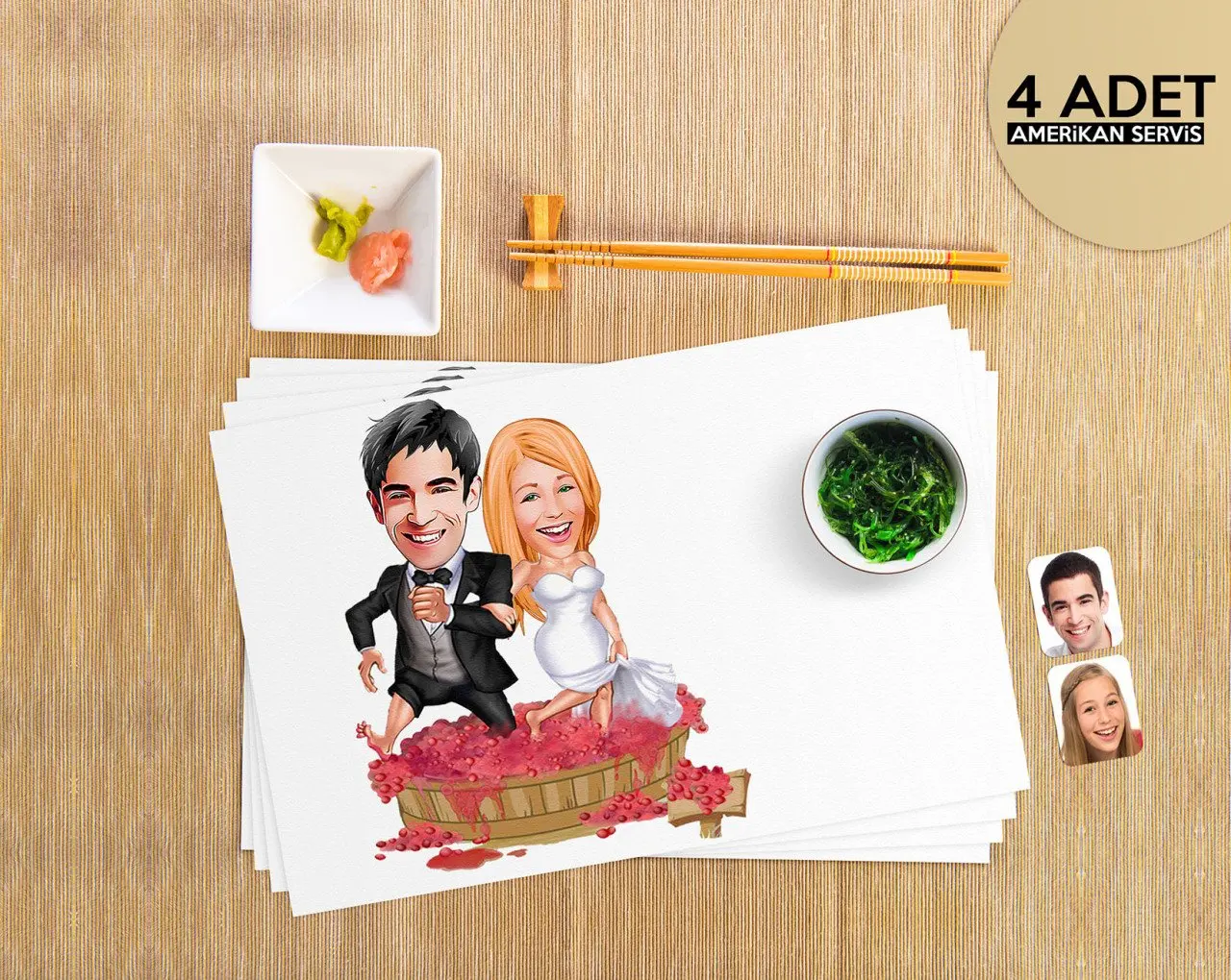 

Personalized Maried Caricature of 4 Pcs American Service Seti-10