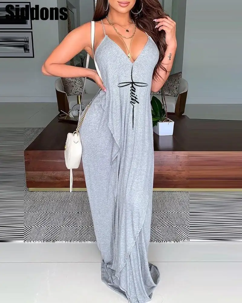 

Women Sexy Sleeveless V Neck Comfortable Spaghetti Strap Dress Letter Print Backless Cami Maxi Casual Dress Homewear