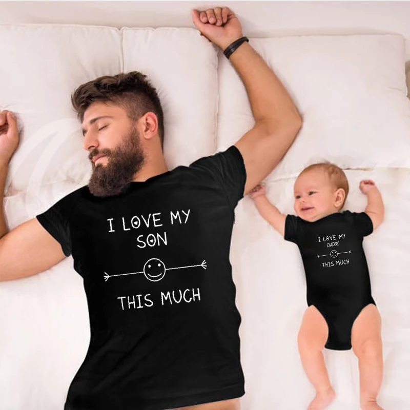 

Family Matching Clothes I Love My Daddy/Son This Much Print Tshirt for Men Kids Romper for Baby Daddy and Me Matching Love