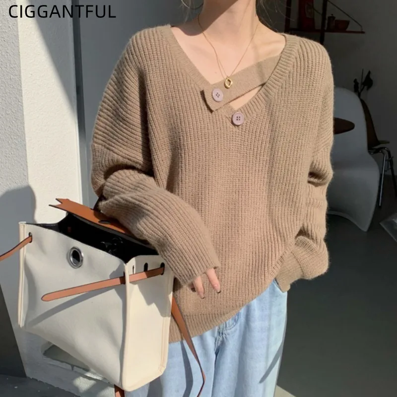 

V Neck Sweater Women's Design Sense Loose Outer Wear Spring Autumn 2021 New Lazy Knit Pullover Top Casual Knitwear Jumper