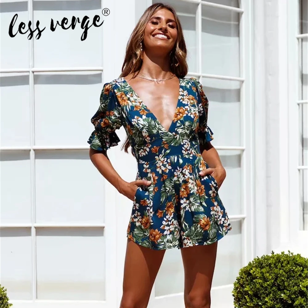 Женский комбинезон с цветочным принтом Lessverge винтажный глубоким v образным
