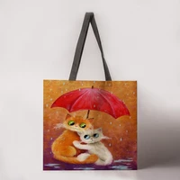 Cat and Umbrella Printed Tote Bag Ladies Linen Bag Ladies Shoulder Bag Outdoor Leisure Handbag Foldable Shopping Bag