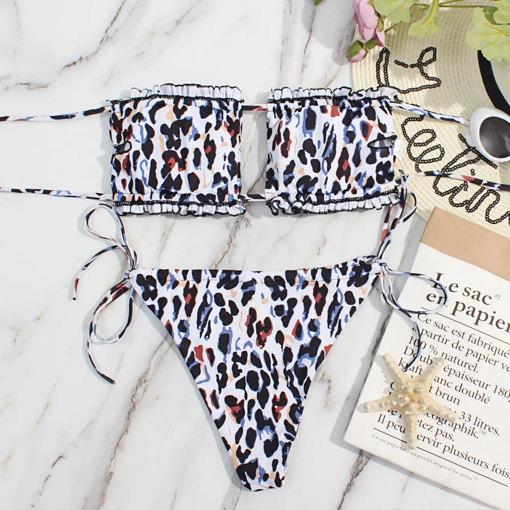 

Hirigin Sexy Straples Ruffles Bandage Women Bikini Set Pure Color Sumwear New 2020 Push Up Padded Women Swimwear Bathing Suit