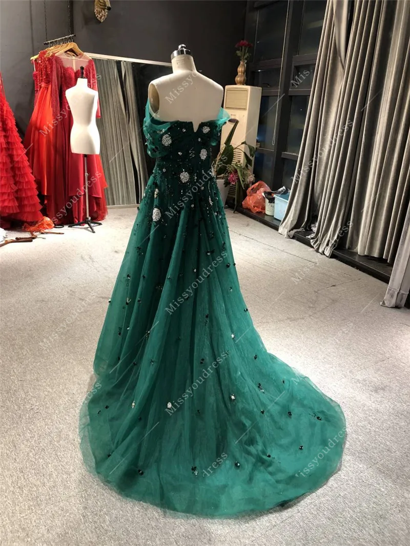 Dark Green CustomMade Real Photos Heavy Beads Boat Neck A-line Floor Length Sweep Train Party Prom Dance Women Evening Dresses