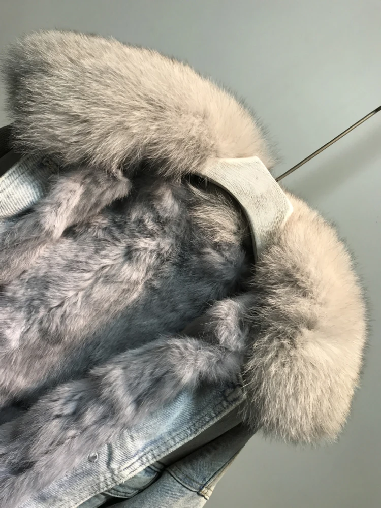 Зимняя женская джинсовая куртка, пальто из натурального кроличьего меха, новинка, уличная одежда, индивидуальная верхняя одежда с рисунком сзади, Женская куртка