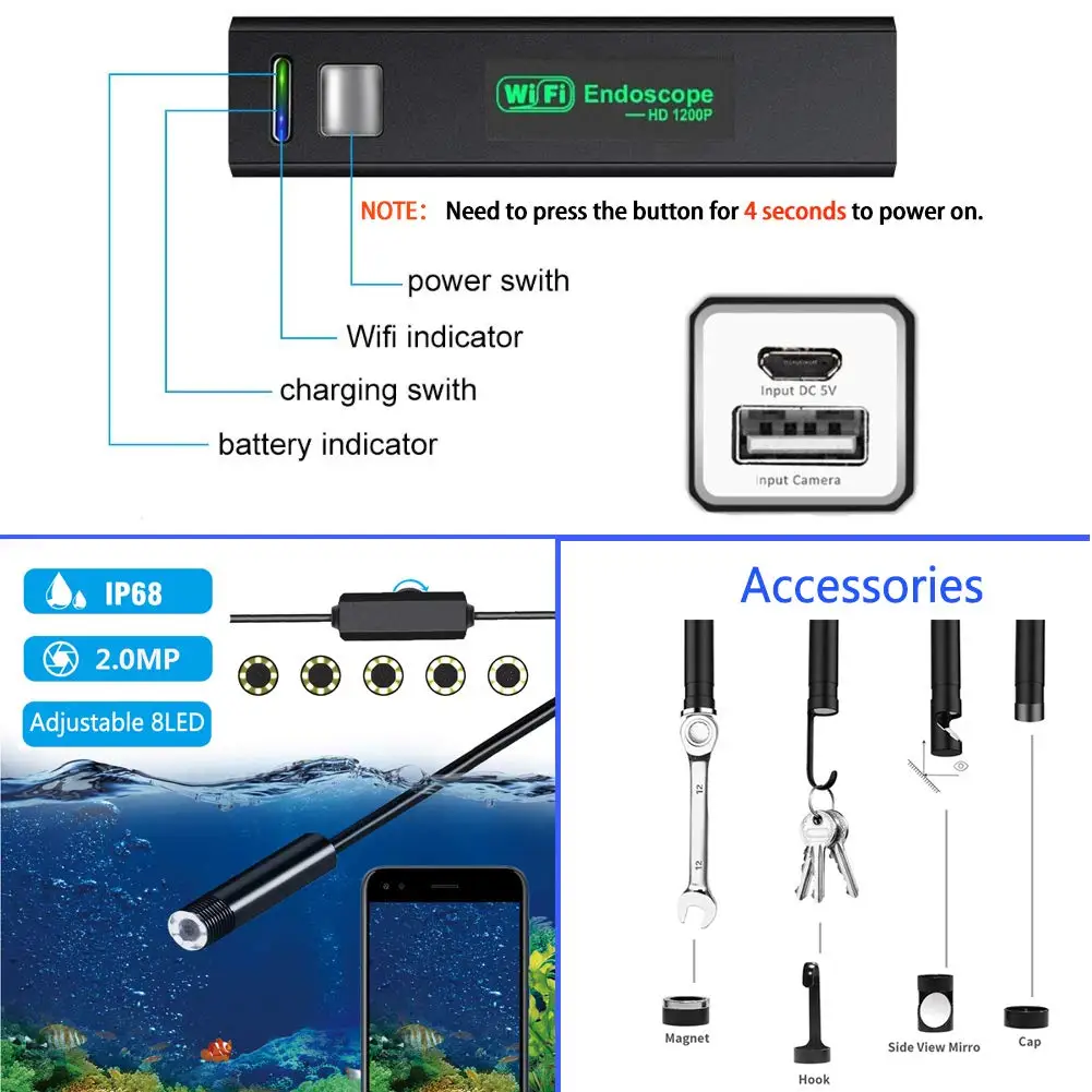 1200P WiFi Инспекционная камера HD эндоскоп с 8 светодиодами жесткий кабель бороскоп