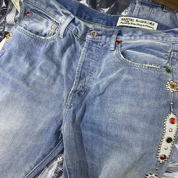 KAPITAL Blue Side Inlaid Gemstone Jeans Pant Men Women 1:1 High Quality high Street Vintage Washed Do Old Trousers Inside Tag