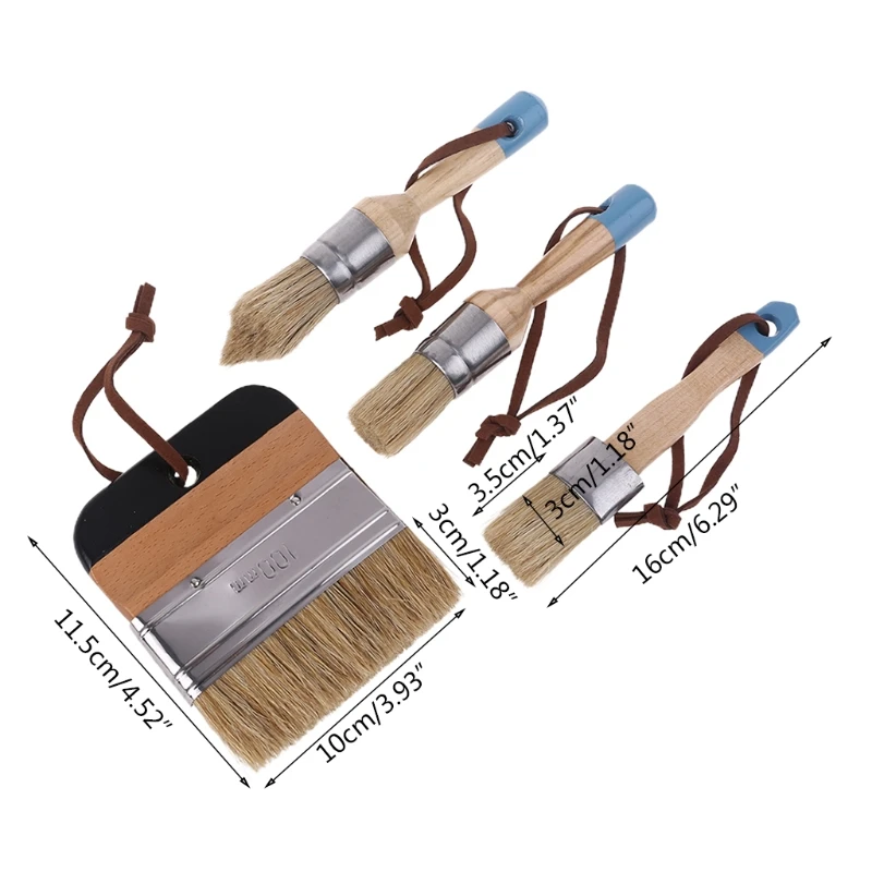 

4 Pcs Round Flat Pointed and Wide Chalk Paint Wax Brush Ergonomic Wood Handle Natural Bristle Brushes Furniture Waxing DropShip