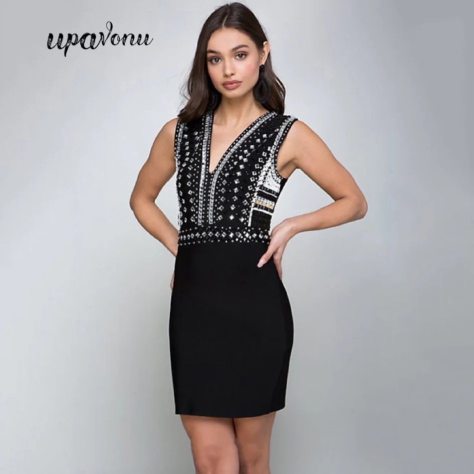 

2020 New Summer Bandage Dress Women's Sexy V-Neck Strap Sleeveless Beaded Bodycon Backless Dress Club Party Mini Dress Vestidos