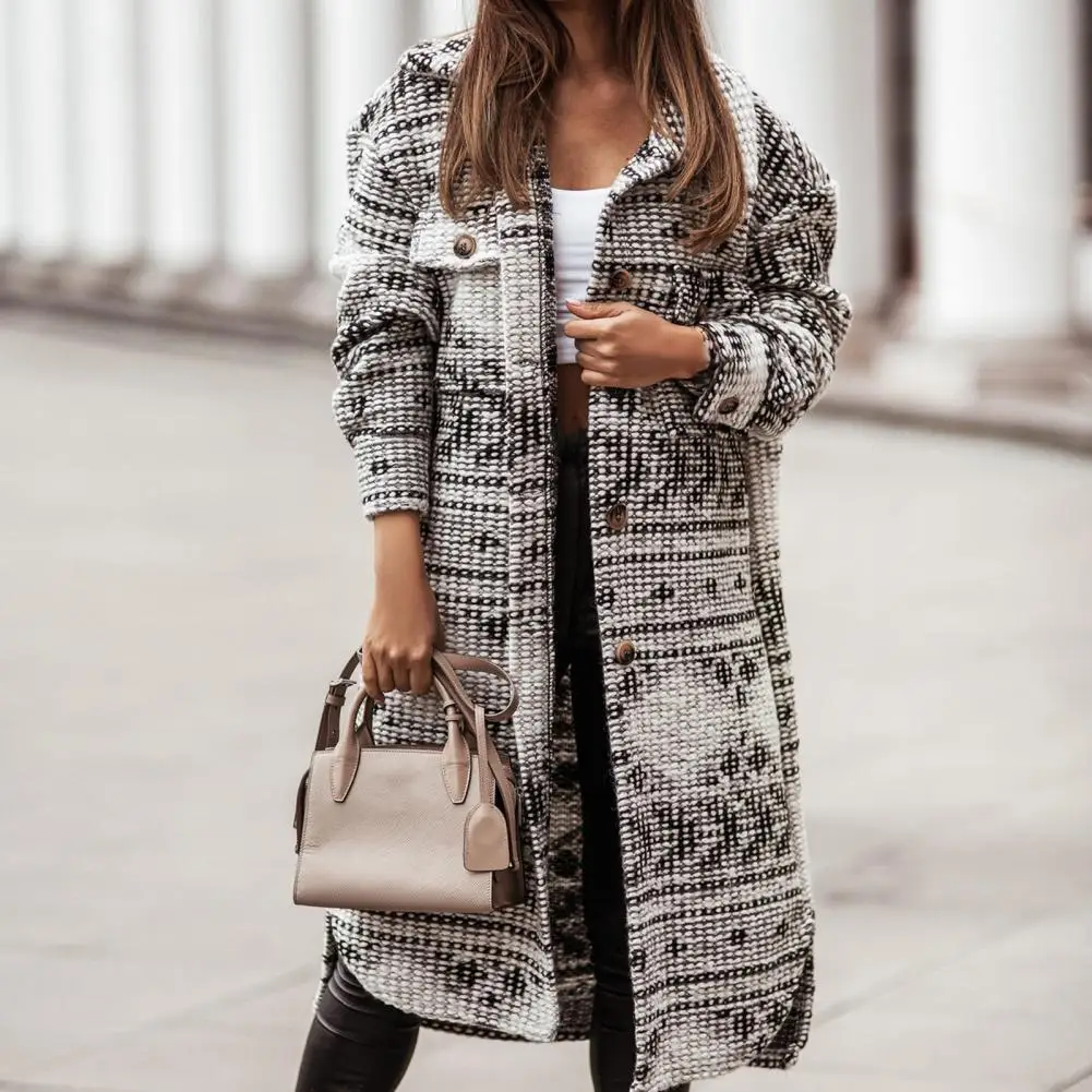 

Женское однобортное пальто оверсайз с винтажным принтом, толстое пальто с двойными карманами и Боковым Разрезом для повседневной носки