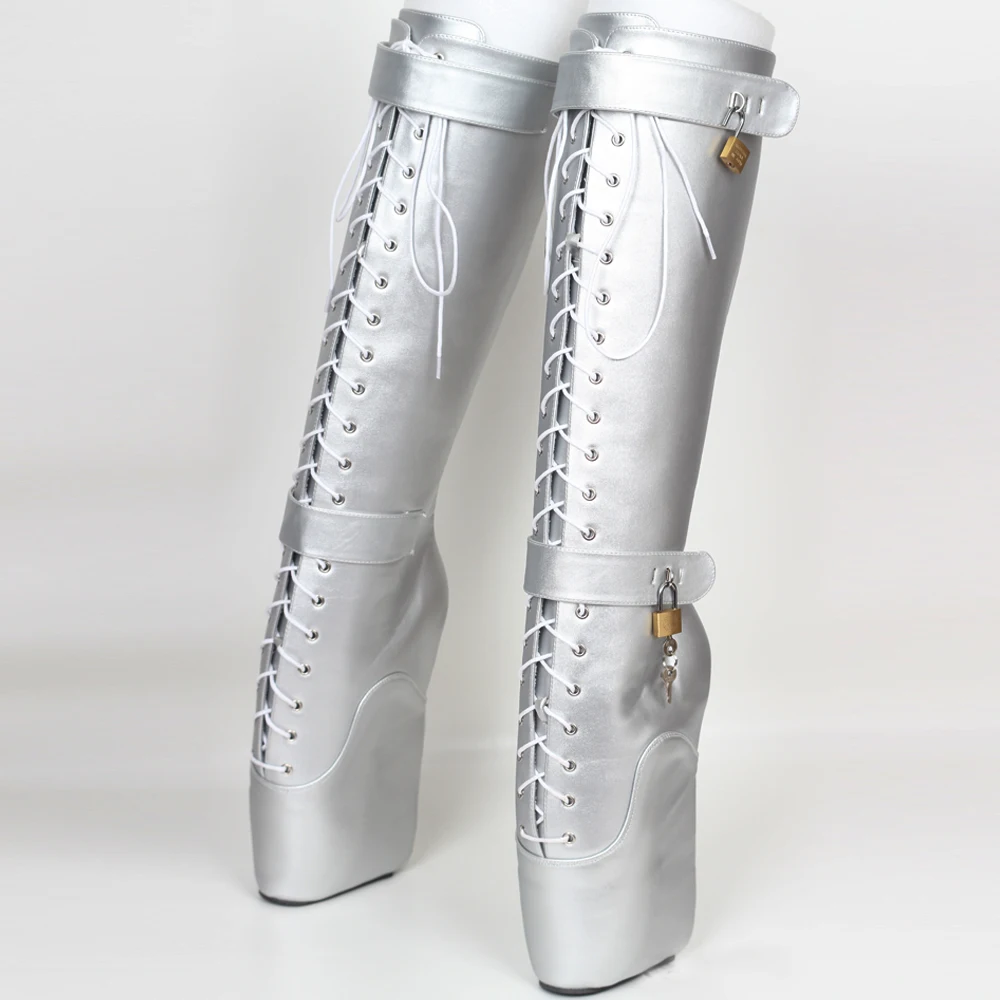 18cm Extreme High Heel Fetish Sexy Wedges Lace-up Buckle Heelless Ballet Boots unisex Lockable Knee-High Boots images - 6