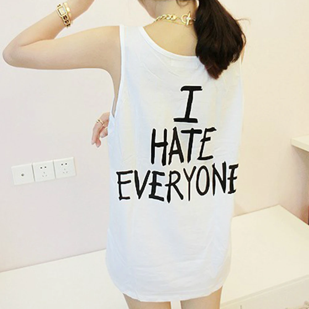 Hot I HATE EVERYONE Letter Printed Solid Color Vest Sleeveless O Neck Tank Top Sexy Femme For Women | Женская одежда