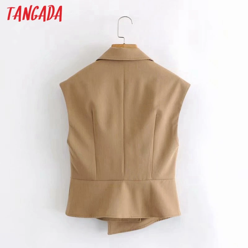 

Tangada 2021 Women Vintage Khaki Waistcoat Vest Notched Collar Sleeveless Female Waistcoat Tops 2G18