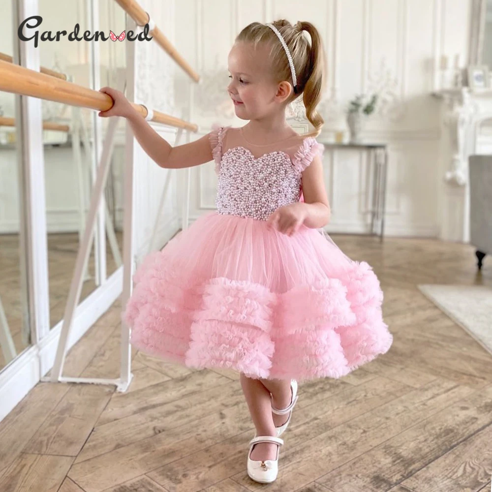 

Садовое розовое платье принцессы с жемчужными бусинами, пышное платье для первого причастия, платья для девочек с цветами, милое детское пл...