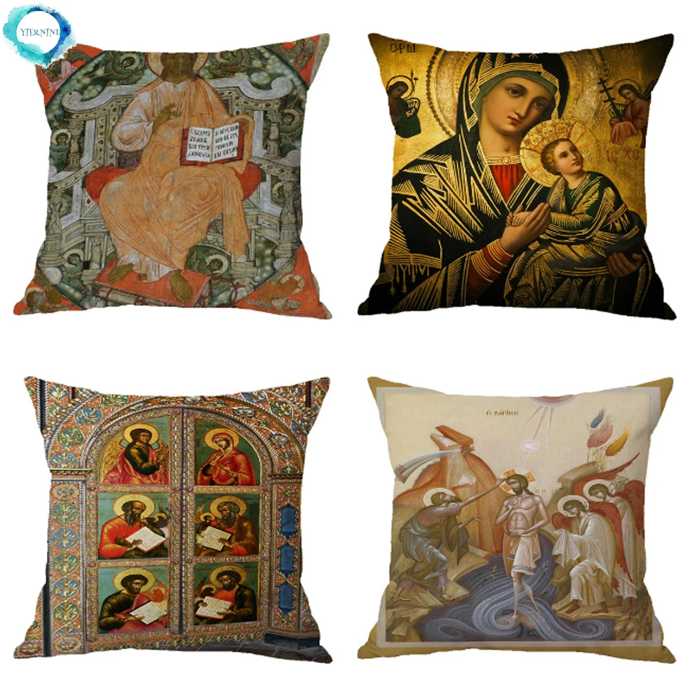 

Sofa Throw Decorative Cotton Linen Pillow Case Orthodox Christian Icon Cushion Cover Christ Pantocrator Catholicism Pillow Cover