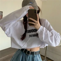 2021 summer short long sleeved t shirt womens cropped cotton letter printing autumn korean loose top gothic graphic tee fashion