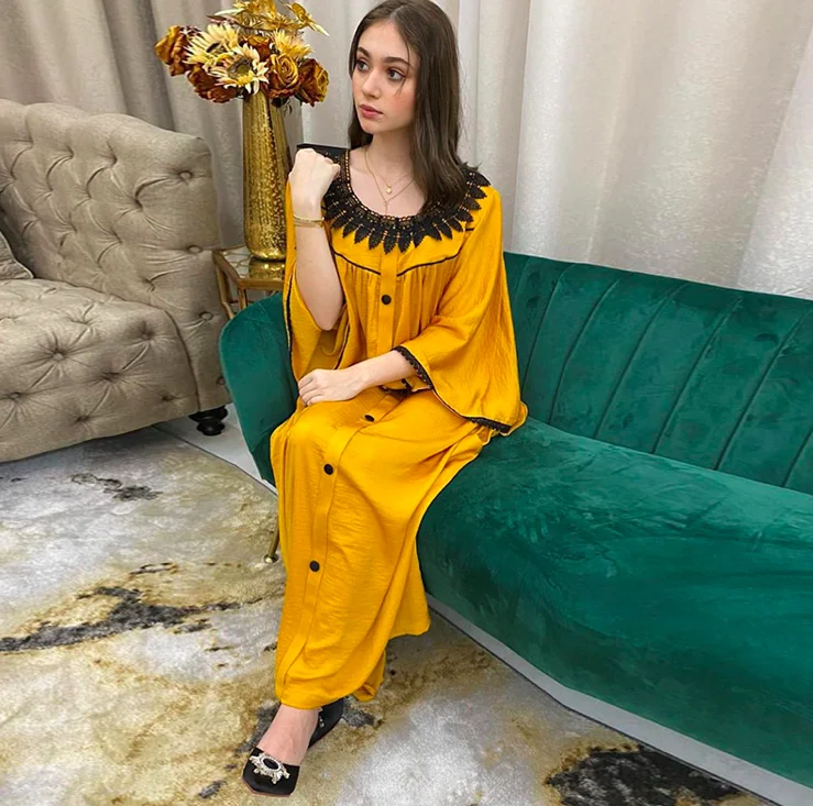 

Arabic Dress for Women 2021 Spring Lace Collar Long Sleeve Plus Size Robes Muslim Ethnic Embroidery Turkey Robe