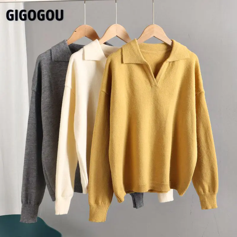 GIGOGOU/женский свитер с воротником поло спортивные костюмы трикотажные широкие