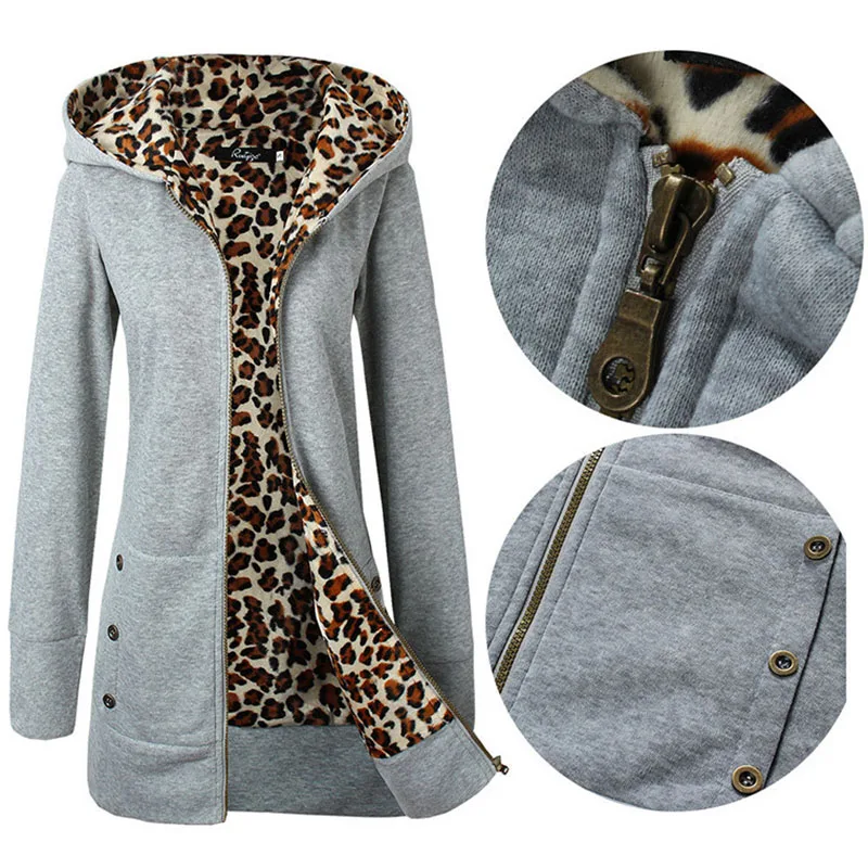 

Long Large Size Zipper Thickening Hoodies For Teen Girls Casual Fashion Pocket Leopard Print Tops For Women Full Sleev