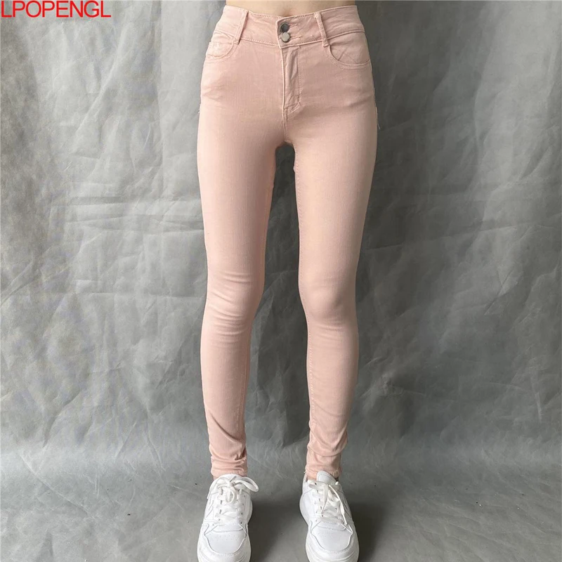 

Pink Jean Women High Waist Jeans Cotton Pencil Pants Skinny Stretch Cotton Denim Pants Harajuku Ladies Trousers 2021 New Autumn