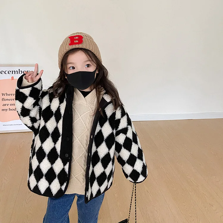

Winter Girls fashion plaid woolen quilted thick coats Children high collar loose outwears