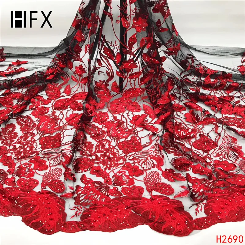 HFX красное африканское кружево 2019 вышивка бисером камни Сетка кружевная ткань
