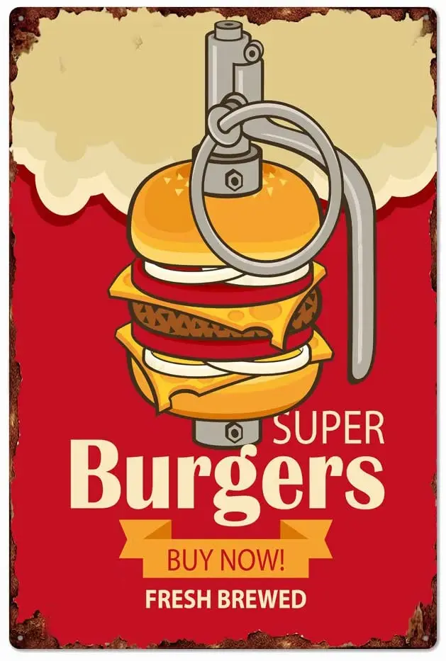 

Original Retro Design Super Burger Tin Metal Signs Wall Art | Thick Tinplate Print Poster Wall Decoration for Restaurant/Kitchen