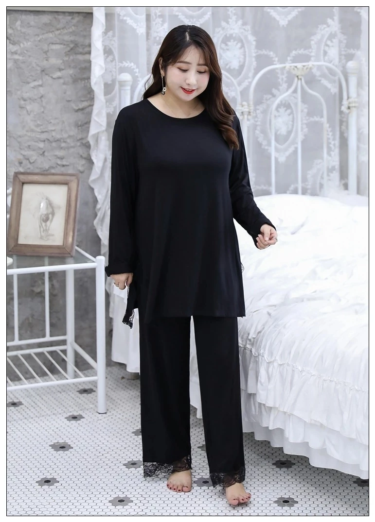 

Autumn spring Women lace Pajamas Sets Tops and Pants Plus Size 8XL 10XL Suit Home wear Female big size Sleepwear cotton loose 70