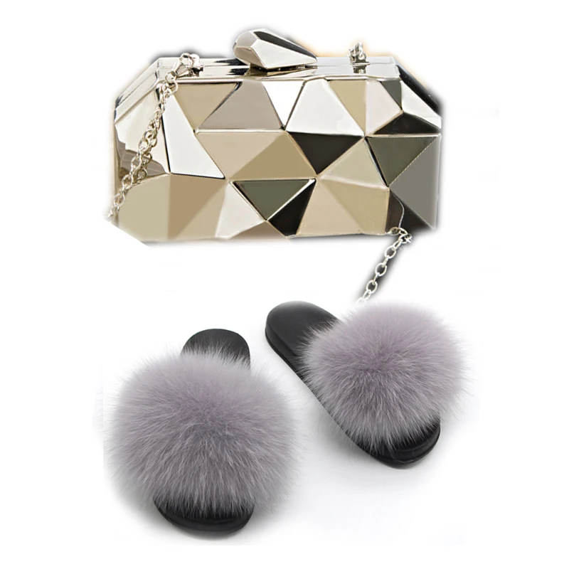 

Woman Shoes Woman Fox Fur Slippers Summer Fur Slippers Fashion Female Bag Metal Clutch Bag Chain Small Square Bag Banquet Bag