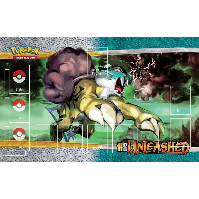 Мат для игры в боевые карты Pokemon PTCG с изображениями Jolteon, Rayquaza, Suicune и Entei размером 600x375x2мм, DIY двойной детский подарок.