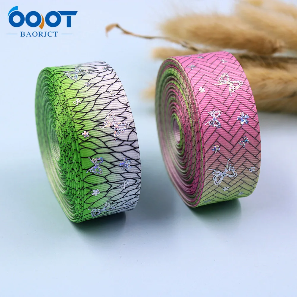 Цвет градиент лазерный Бабочка Grosgrain ленты 1 дюйм (25 мм) шириной 10 метров для