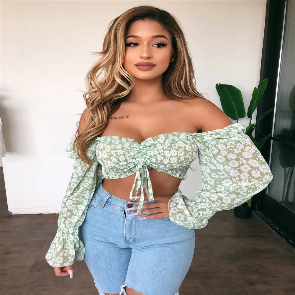 

Multiple Styles Summer Women Off-The-Shoulder Floral Print Crop Tops Casual Flare Long Sleeve Drawstring T-Shirt 2021