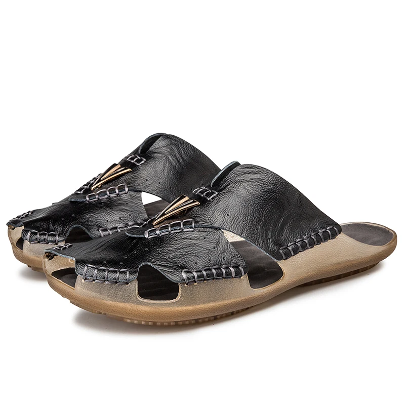 

Summer Genuine Leather Men's Sandals Classic Breathable Slip-On Sandals Men Casual Beach Shoes Outdoor Slippers Plus Size 38-48