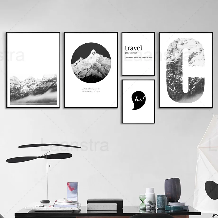 

Black White Home Decoration Painting Landscape Mountain Peak Living Room Wall Canvas Poster Travel Simple Text Print Book Store