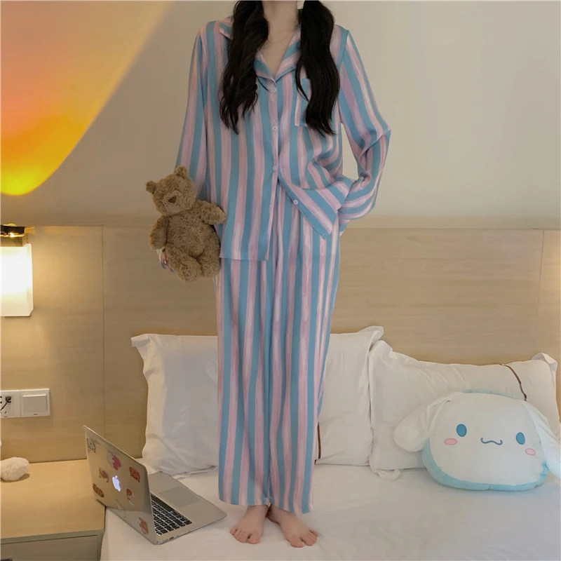 

Осенний мягкий полосатый пижамный комплект, женский домашний костюм, одежда для сна, комплект из 2 предметов, свободные брюки с длинным рука...