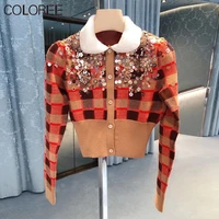 runway designers autumn winter clothes 2020 vintage sequined beading red plaid cardigan mujer short knitted sweater women