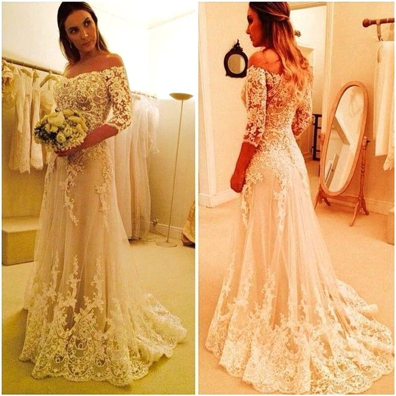 

Vestidos De Novia 2015 Custom Made See Through Off Shoulder 3/4 Sleeves Lace Appliques Wedding Dress Tulle Bride Dress Robe De