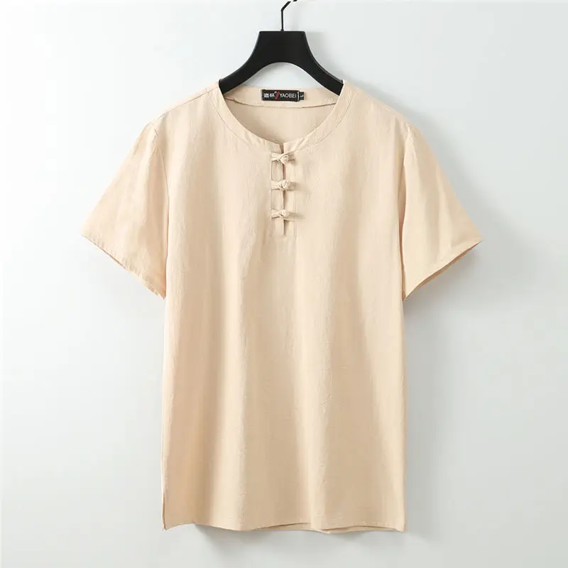 Льняная мужская футболка большого размера плюс с круглым вырезом в китайском