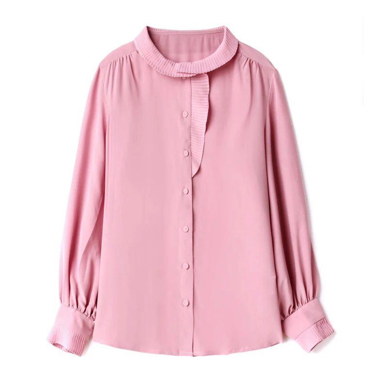

100% Silk Women's Shirt O Neck Long Sleeves Pleated Ruffles Fashion Casual Blouse Tops Camisa